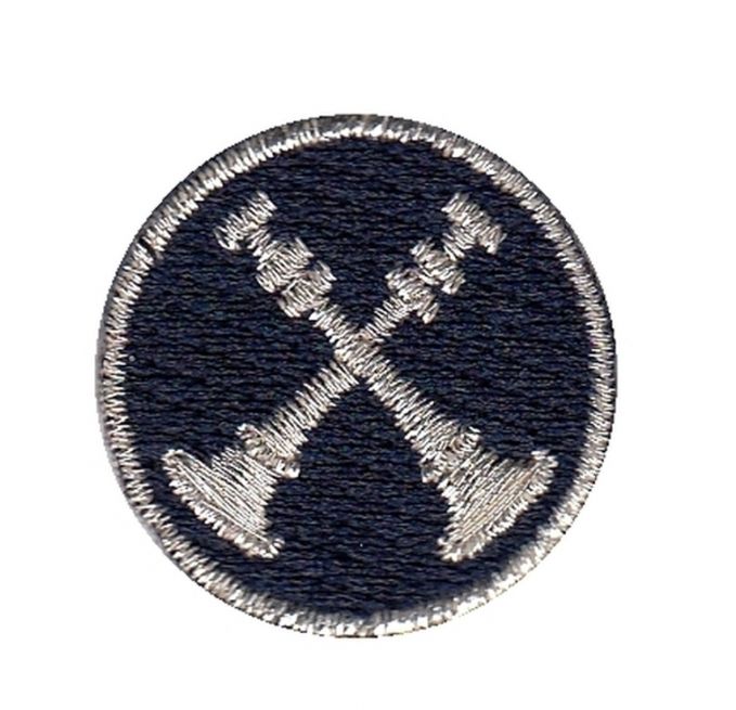 FIRE FIGHTER 2 BUGLES CROSSED, 1" CIRCLE - METALLIC SILVER ON MIDNIGHT NAVY - SEW ON.